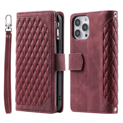 Style 005 For iPhone 16 Pro Max Case Rhombus Stitching Line PU Leather Zipper Wallet Phone Cover