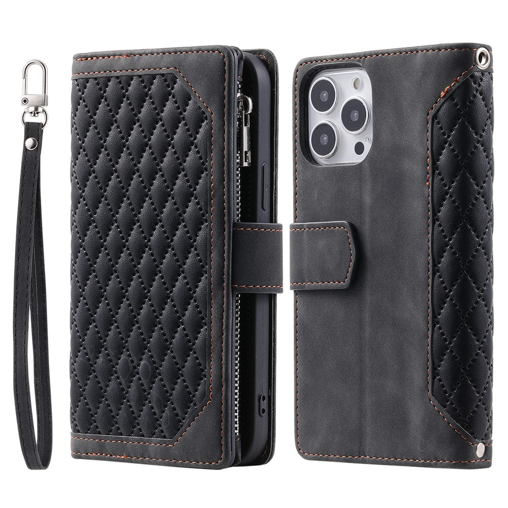 Style 005 For iPhone 16 Pro Max Case Rhombus Stitching Line PU Leather Zipper Wallet Phone Cover