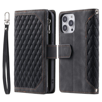Style 005 For iPhone 16 Pro Max Case Rhombus Stitching Line PU Leather Zipper Wallet Phone Cover