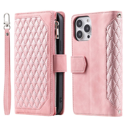 Style 005 For iPhone 16 Pro Max Case Rhombus Stitching Line PU Leather Zipper Wallet Phone Cover