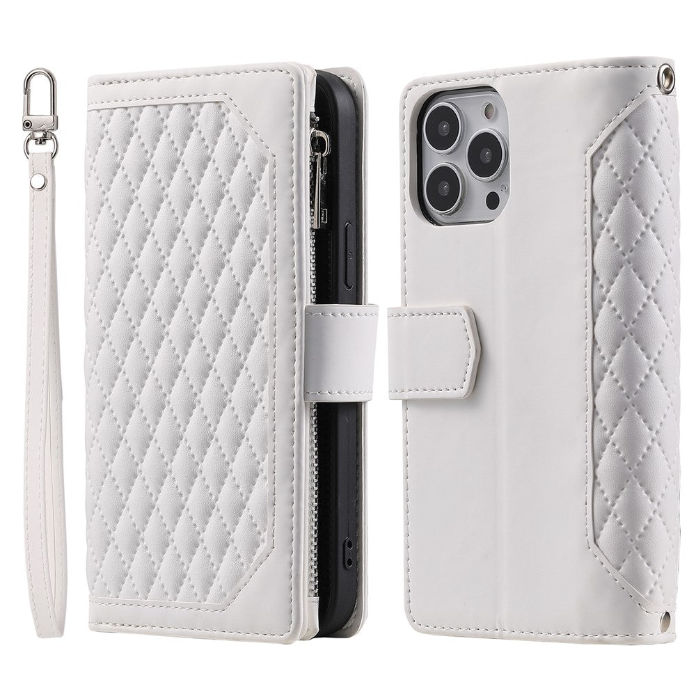 Style 005 For iPhone 16 Pro Max Case Rhombus Stitching Line PU Leather Zipper Wallet Phone Cover