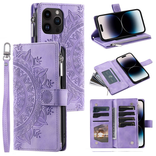 006 For iPhone 16 Pro Case Mandala Flower Zipper Pocket Leather Phone Cover