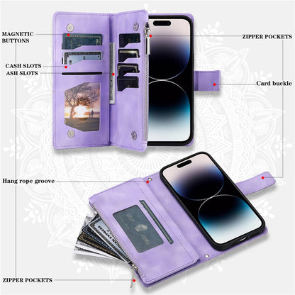 006 For iPhone 16 Pro Case Mandala Flower Zipper Pocket Leather Phone Cover