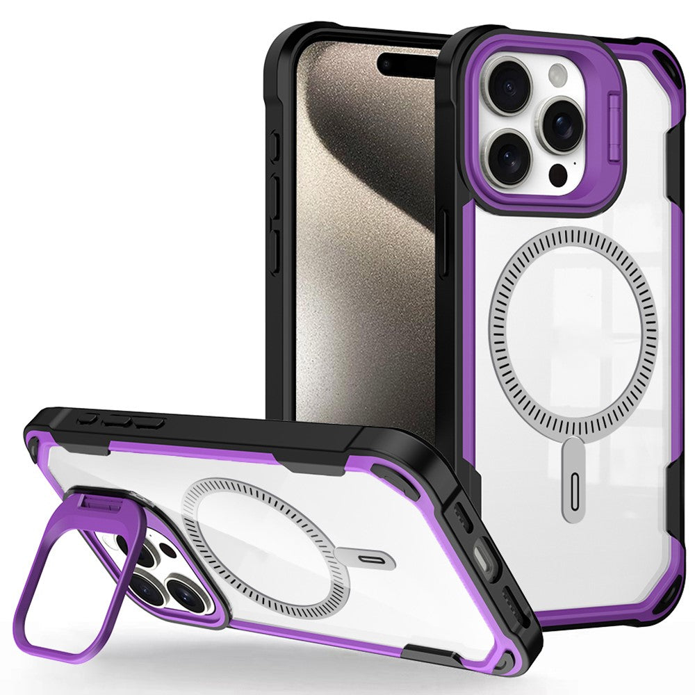 For iPhone 14 Pro Case PC+TPU+Acrylic Back Cover with Lens Kickstand Compatible with MagSafe