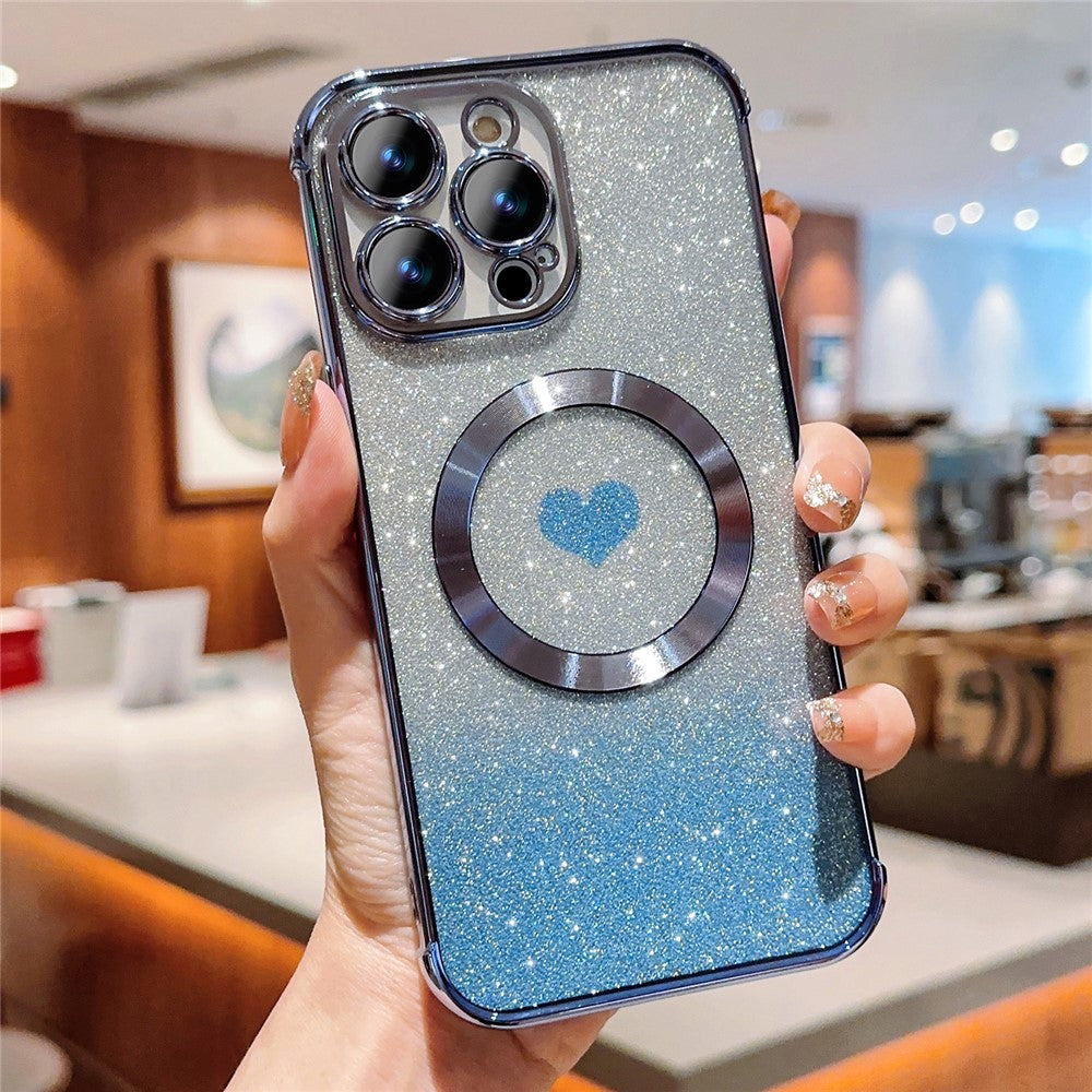 For iPhone 14 Pro Glitter Case Compatible with MagSafe TPU Phone Cover Love Heart Electroplating