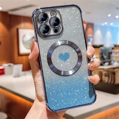 For iPhone 14 Pro Glitter Case Compatible with MagSafe TPU Phone Cover Love Heart Electroplating