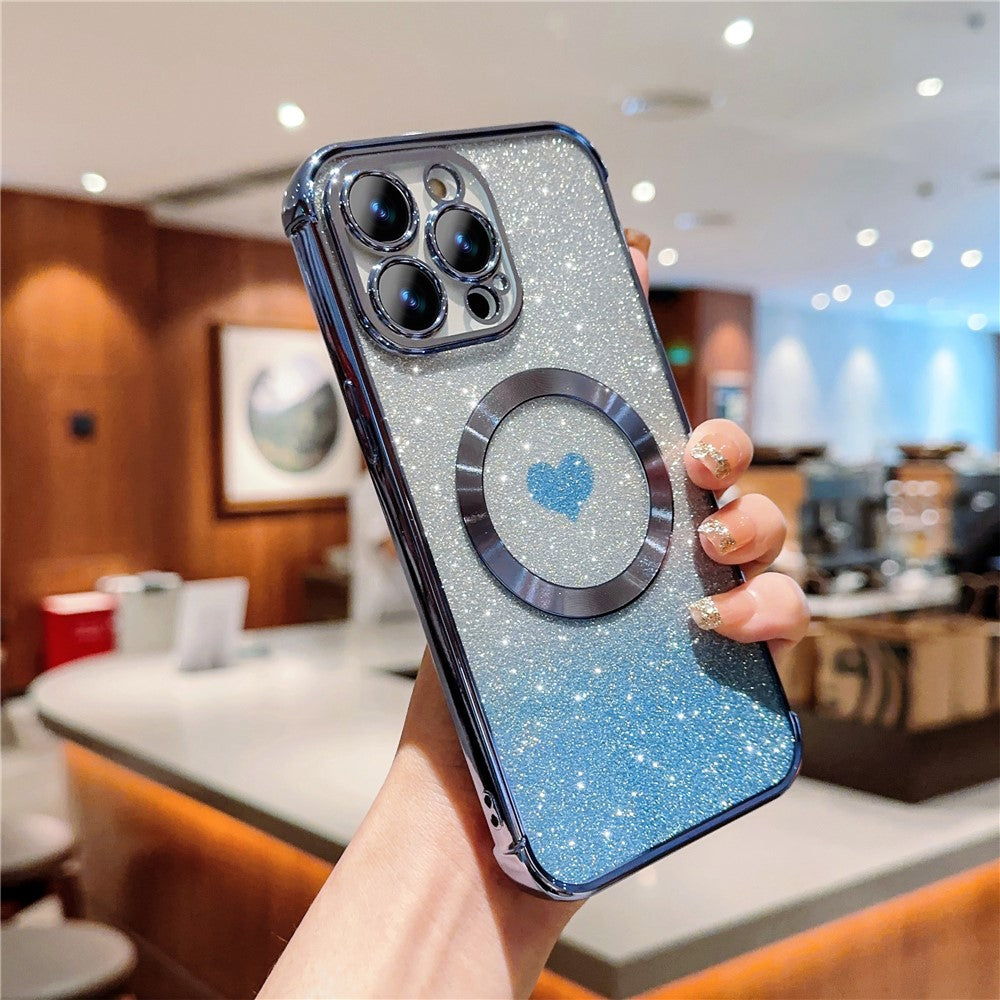 For iPhone 14 Pro Glitter Case Compatible with MagSafe TPU Phone Cover Love Heart Electroplating