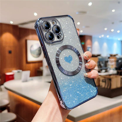 For iPhone 14 Pro Glitter Case Compatible with MagSafe TPU Phone Cover Love Heart Electroplating