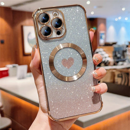 For iPhone 14 Pro Glitter Case Compatible with MagSafe TPU Phone Cover Love Heart Electroplating