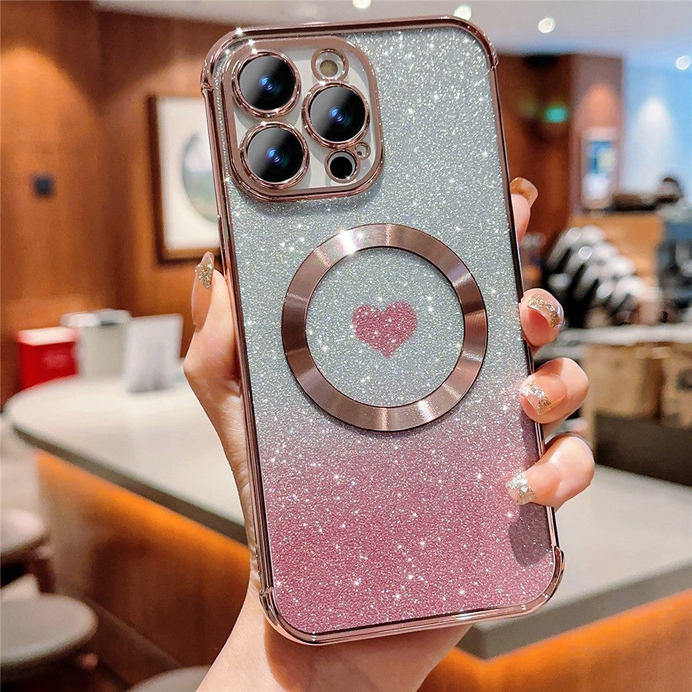For iPhone 14 Pro Glitter Case Compatible with MagSafe TPU Phone Cover Love Heart Electroplating