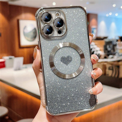 For iPhone 14 Pro Glitter Case Compatible with MagSafe TPU Phone Cover Love Heart Electroplating