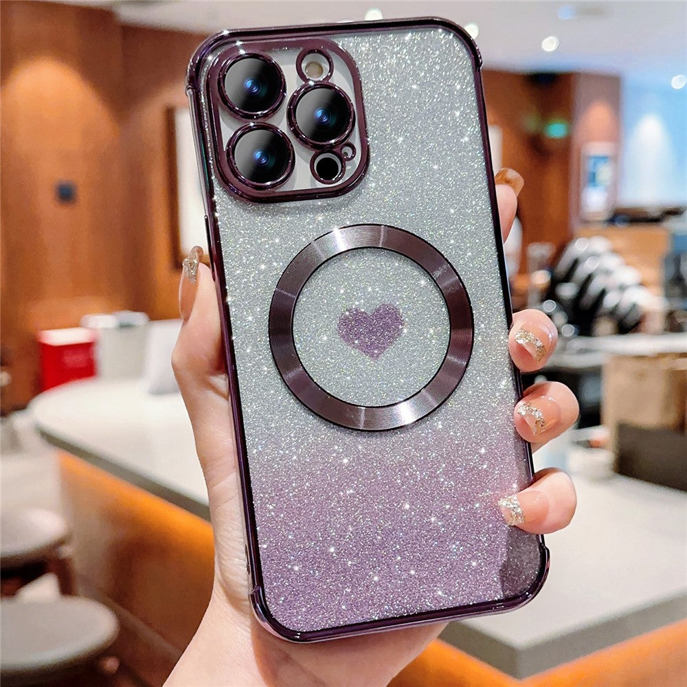 For iPhone 14 Pro Glitter Case Compatible with MagSafe TPU Phone Cover Love Heart Electroplating