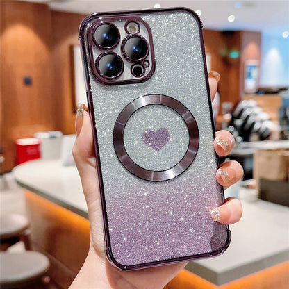 For iPhone 14 Pro Glitter Case Compatible with MagSafe TPU Phone Cover Love Heart Electroplating