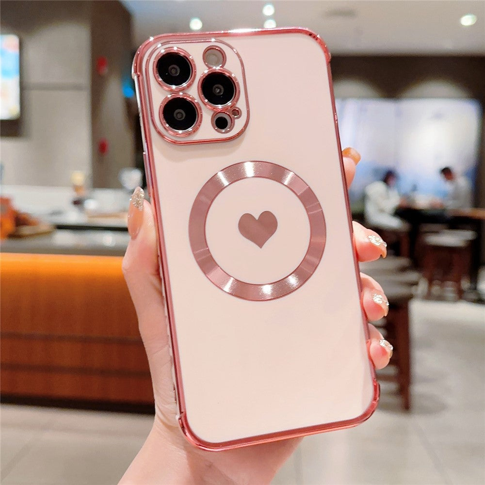 For iPhone 14 Pro Magnetic Case TPU Electroplating Edge Phone Cover Fashion Cute Side Love Heart