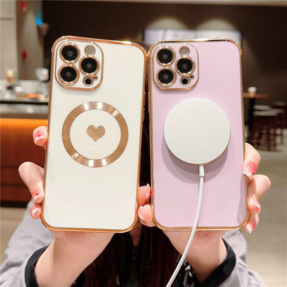 For iPhone 14 Pro Magnetic Case TPU Electroplating Edge Phone Cover Fashion Cute Side Love Heart