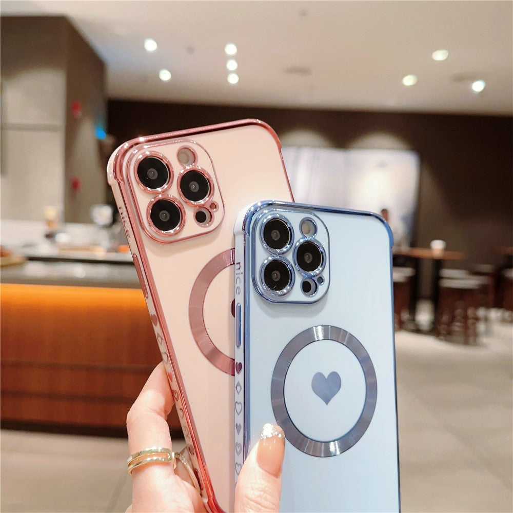 For iPhone 14 Pro Magnetic Case TPU Electroplating Edge Phone Cover Fashion Cute Side Love Heart