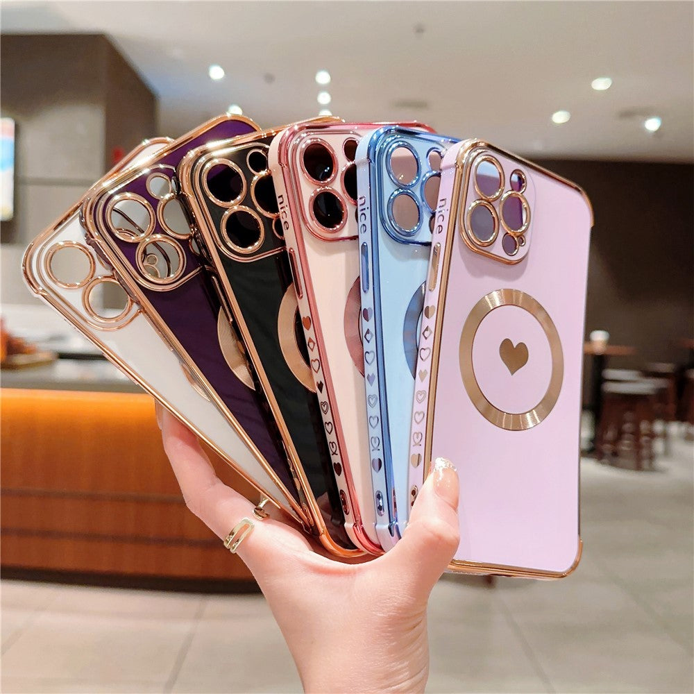 For iPhone 14 Pro Magnetic Case TPU Electroplating Edge Phone Cover Fashion Cute Side Love Heart