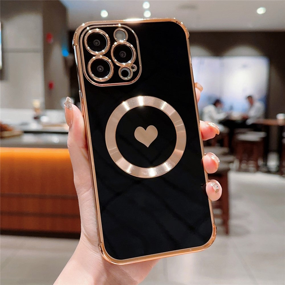 For iPhone 14 Pro Magnetic Case TPU Electroplating Edge Phone Cover Fashion Cute Side Love Heart