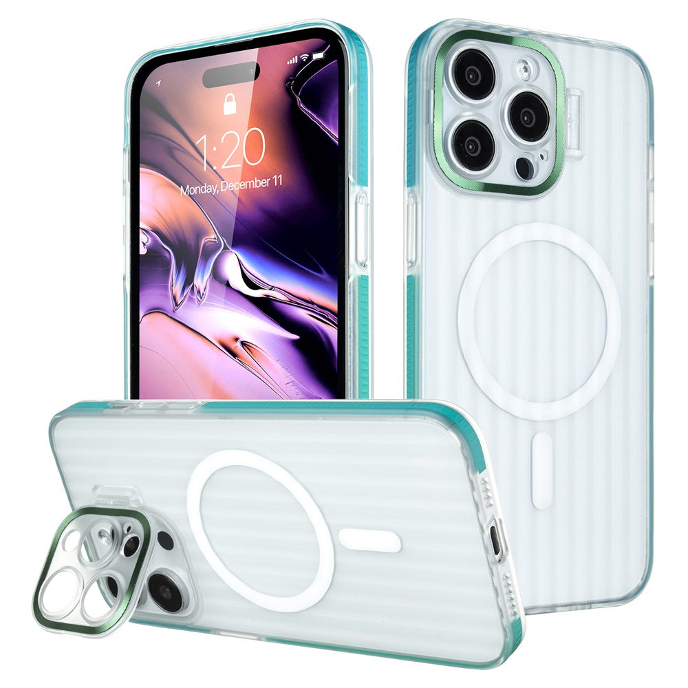 For iPhone 14 Pro Case with Kickstand PC+TPU Phone Cover Strip Pattern Back Compatible with MagSafe