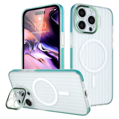 For iPhone 14 Pro Case with Kickstand PC+TPU Phone Cover Strip Pattern Back Compatible with MagSafe