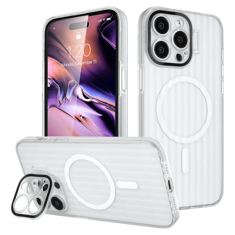 For iPhone 14 Pro Case with Kickstand PC+TPU Phone Cover Strip Pattern Back Compatible with MagSafe