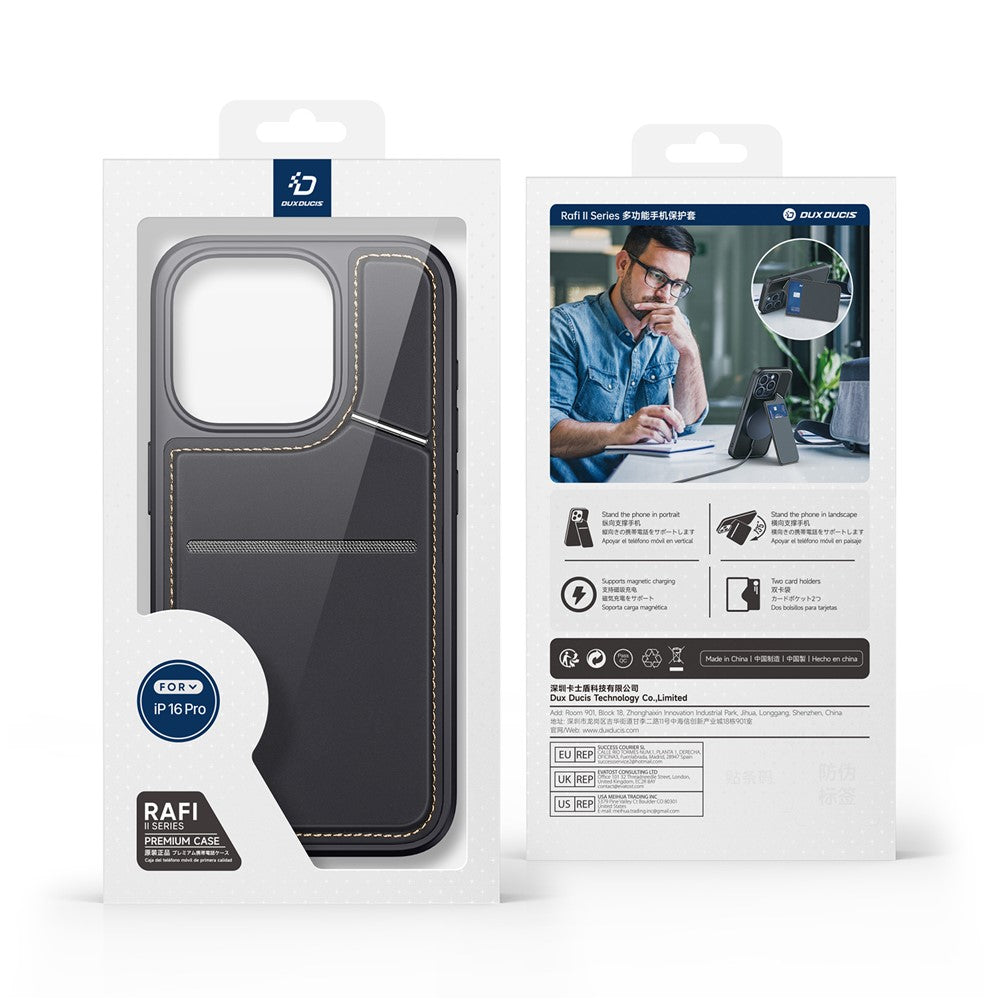 DUX DUCIS Rafi II Series for iPhone 16 Pro Magnetic Case Kickstand Card Slots Leather+TPU Phone Cover