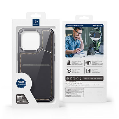 DUX DUCIS Rafi II Series for iPhone 16 Pro Magnetic Case Kickstand Card Slots Leather+TPU Phone Cover