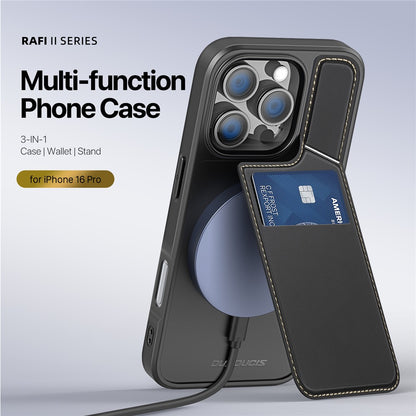 DUX DUCIS Rafi II Series for iPhone 16 Pro Magnetic Case Kickstand Card Slots Leather+TPU Phone Cover