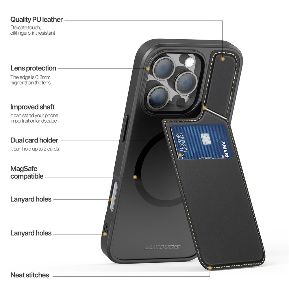 DUX DUCIS Rafi II Series for iPhone 16 Pro Magnetic Case Kickstand Card Slots Leather+TPU Phone Cover