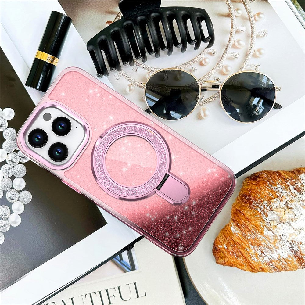 For iPhone 16 Pro Kickstand Case Glitter Design TPU+PC Hybrid Phone Cover