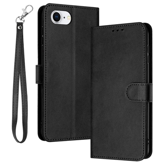 For iPhone 17e / 16e Case Calf Texture Leather Wallet Shockproof Flip Cover with Hand Strap