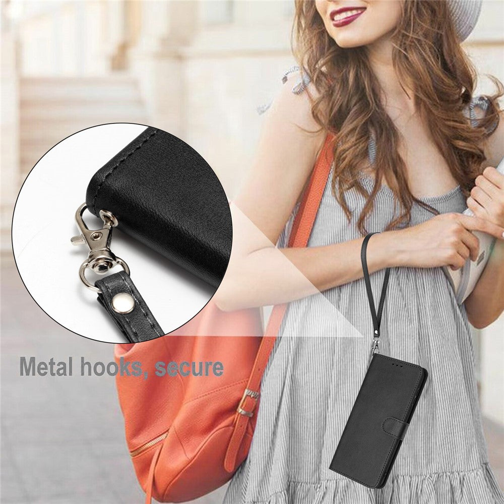 For iPhone 17e / 16e Case Calf Texture Leather Wallet Shockproof Flip Cover with Hand Strap