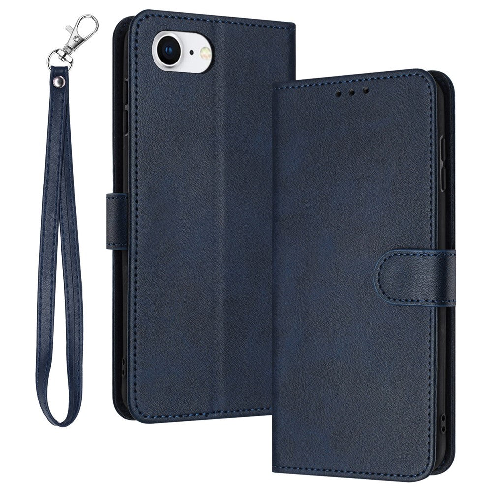 For iPhone 17e / 16e Case Calf Texture Leather Wallet Shockproof Flip Cover with Hand Strap