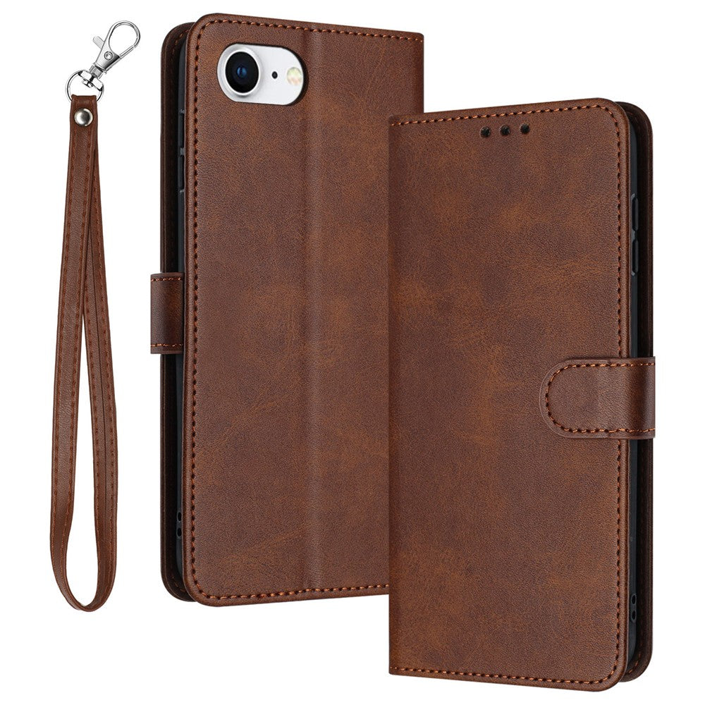 For iPhone 17e / 16e Case Calf Texture Leather Wallet Shockproof Flip Cover with Hand Strap