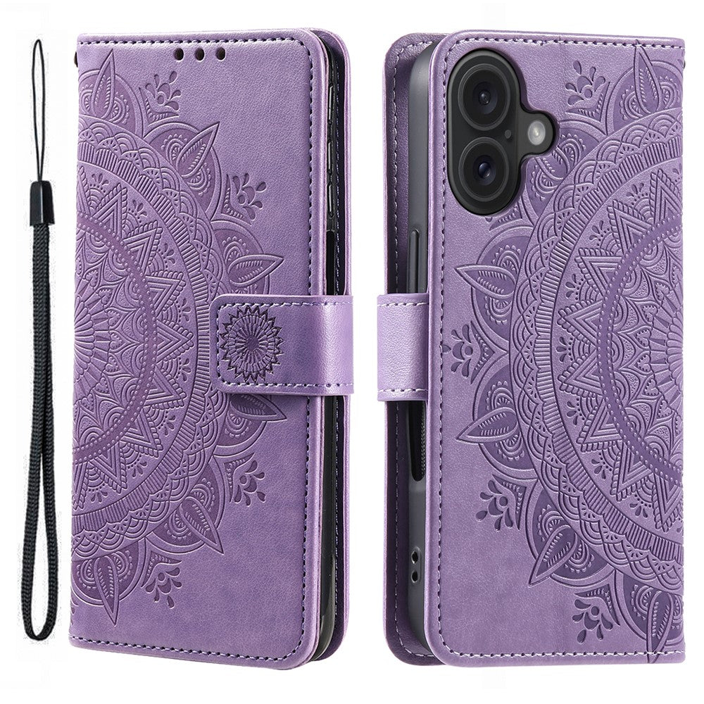 For iPhone 16 Stand Case PU Leather Wallet Phone Cover Totem Imprinted