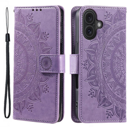 For iPhone 16 Stand Case PU Leather Wallet Phone Cover Totem Imprinted