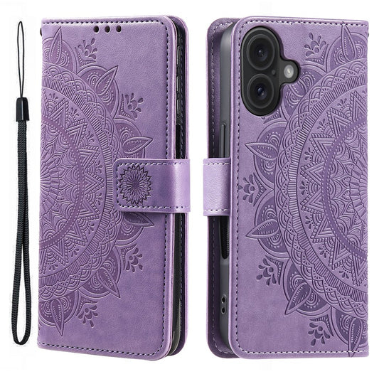 For iPhone 16 Stand Case PU Leather Wallet Phone Cover Totem Imprinted