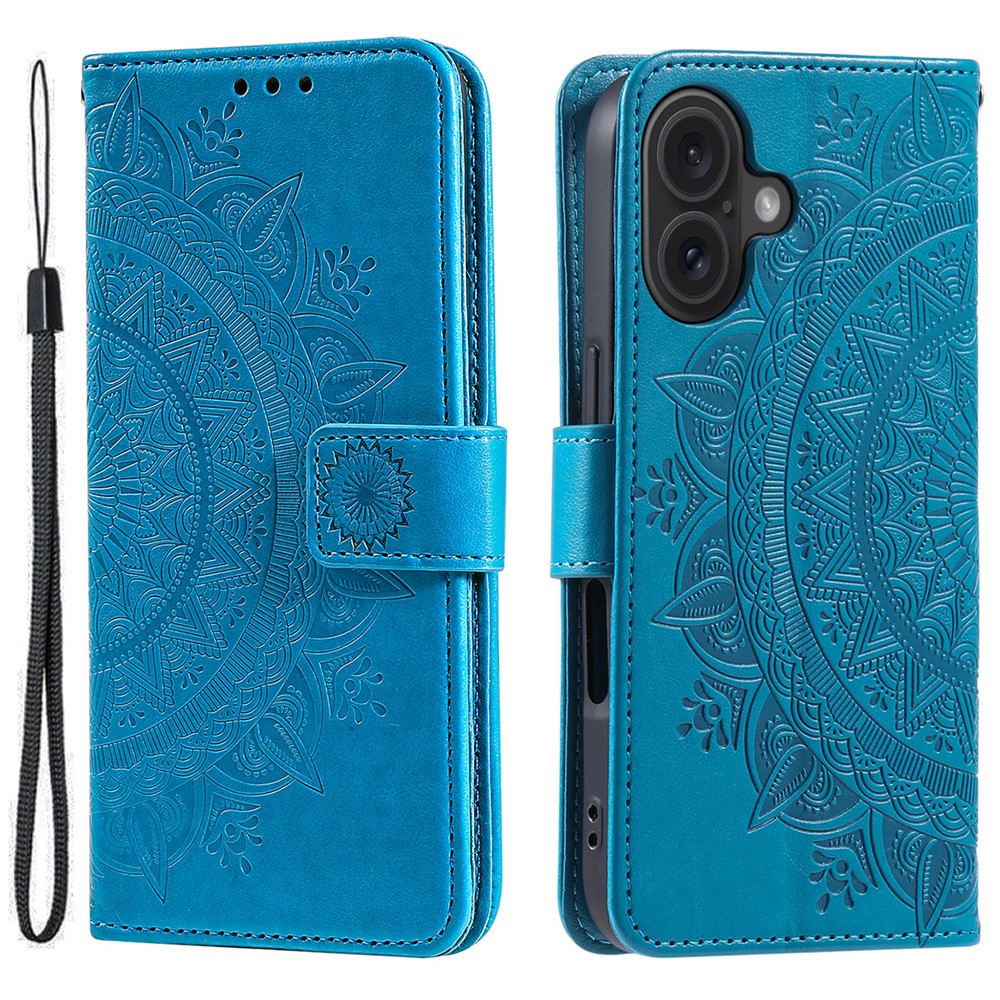 For iPhone 16 Stand Case PU Leather Wallet Phone Cover Totem Imprinted