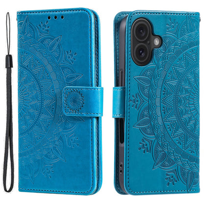 For iPhone 16 Stand Case PU Leather Wallet Phone Cover Totem Imprinted