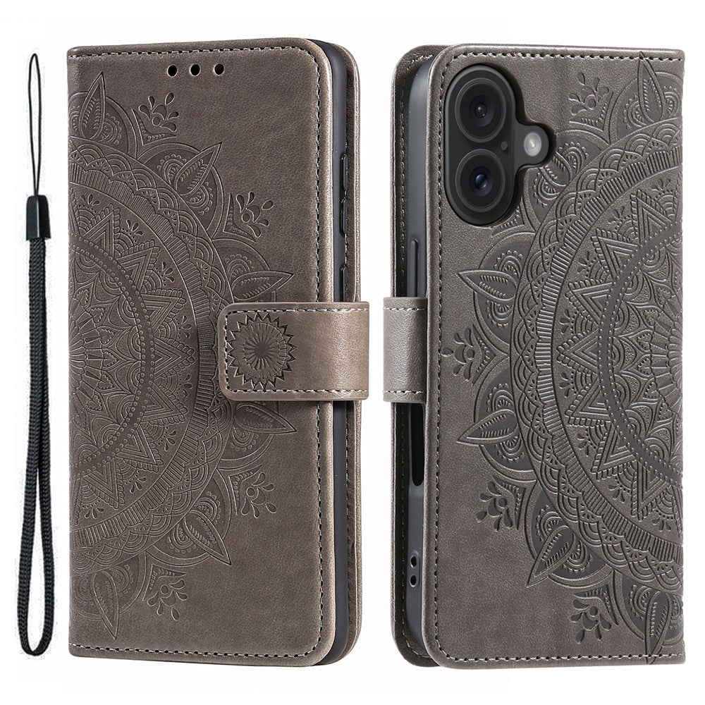 For iPhone 16 Stand Case PU Leather Wallet Phone Cover Totem Imprinted