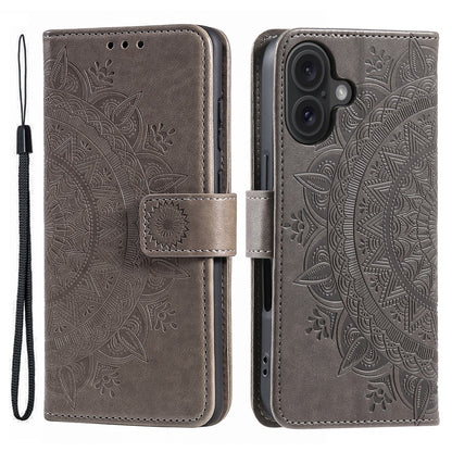 For iPhone 16 Stand Case PU Leather Wallet Phone Cover Totem Imprinted