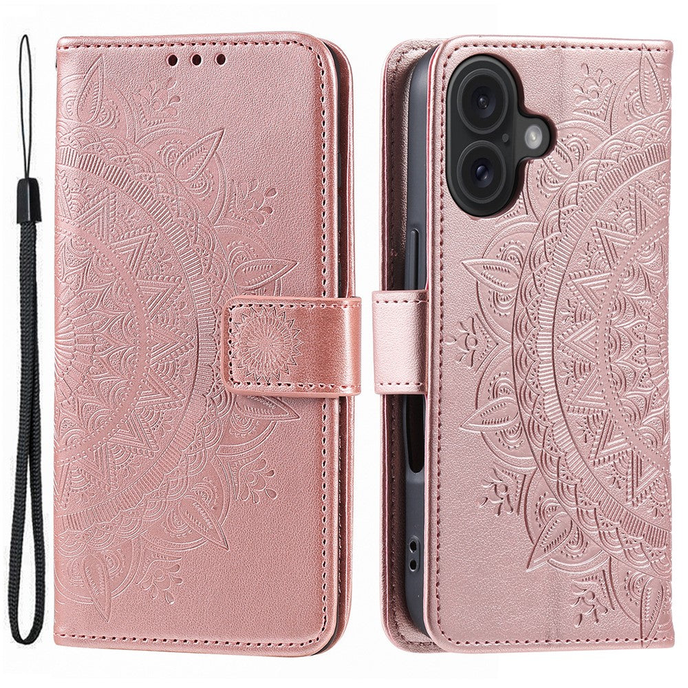 For iPhone 16 Stand Case PU Leather Wallet Phone Cover Totem Imprinted