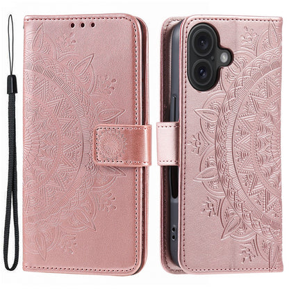 For iPhone 16 Stand Case PU Leather Wallet Phone Cover Totem Imprinted