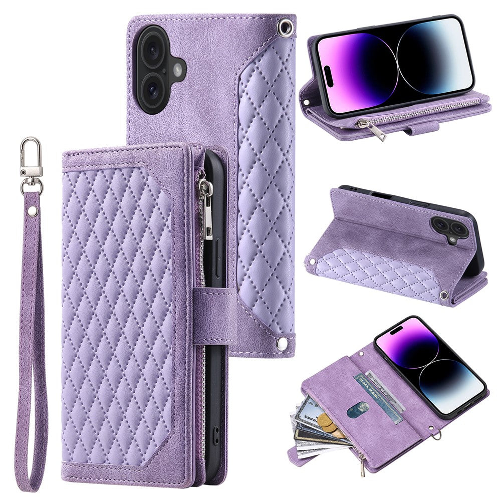 Style 005 For iPhone 16 Case PU Leather Wallet Phone Cover Rhombus Stitching Line
