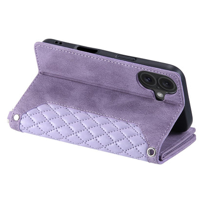 Style 005 For iPhone 16 Case PU Leather Wallet Phone Cover Rhombus Stitching Line