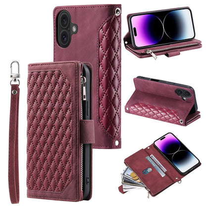Style 005 For iPhone 16 Case PU Leather Wallet Phone Cover Rhombus Stitching Line