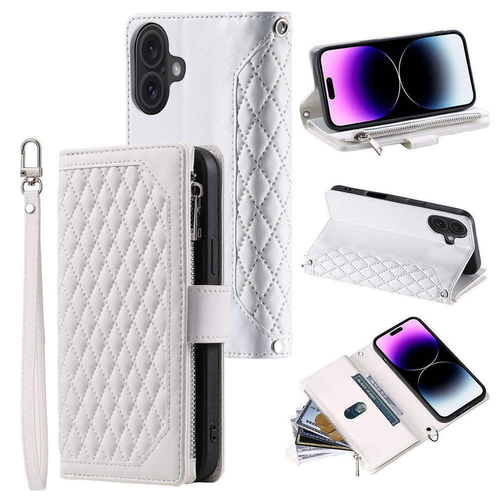 Style 005 For iPhone 16 Case PU Leather Wallet Phone Cover Rhombus Stitching Line