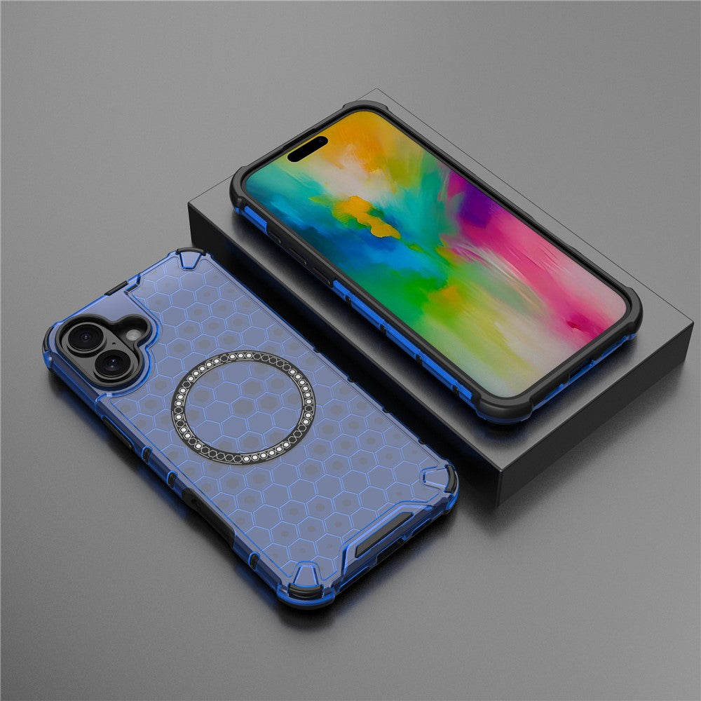For iPhone 16 Magnetic Case Honeycomb Design TPU+PC Phone Cover Air Cushion Protection