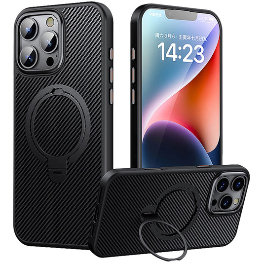 For iPhone 16 Pro Max Magnetic Case Carbon Fiber Texture PC+TPU Phone Cover Rotatable Kickstand