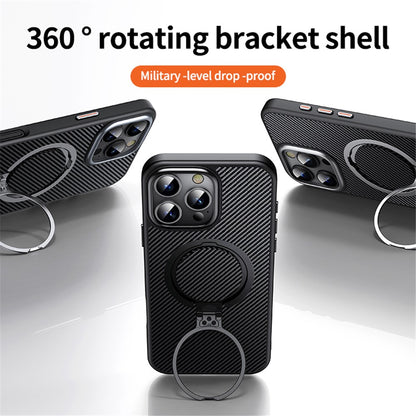 For iPhone 16 Pro Max Magnetic Case Carbon Fiber Texture PC+TPU Phone Cover Rotatable Kickstand